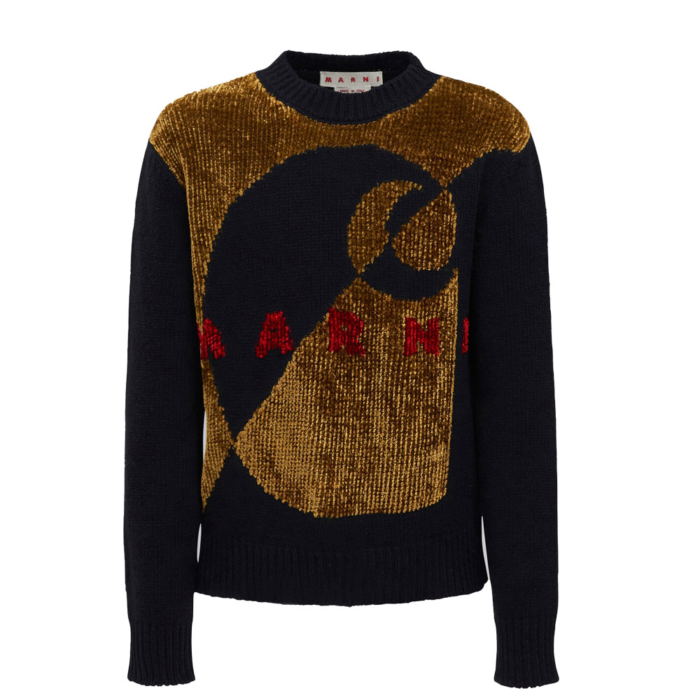 MARNI × CARHARTT WIP CREWNECK SWEATER IN BLACK WOOL AND CHENILLE WITH LOGO MULTI
