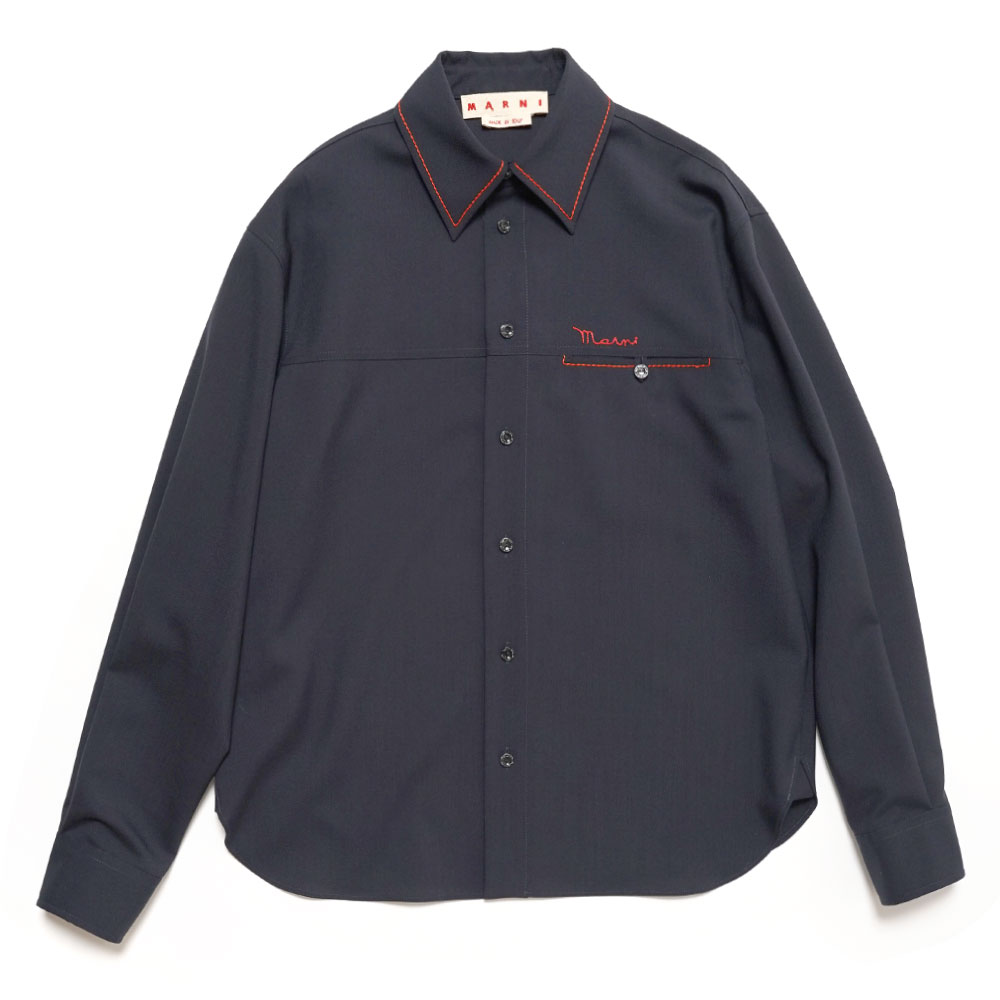 TROPICAL WOOL SHIRT WITH EMBROIDERY RED LOGO NAVY