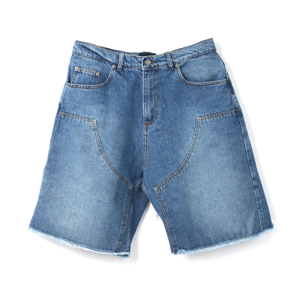SUN DYED DOUBLE KNEE BAGGY DENIM SHORTS LIGHT BLUE