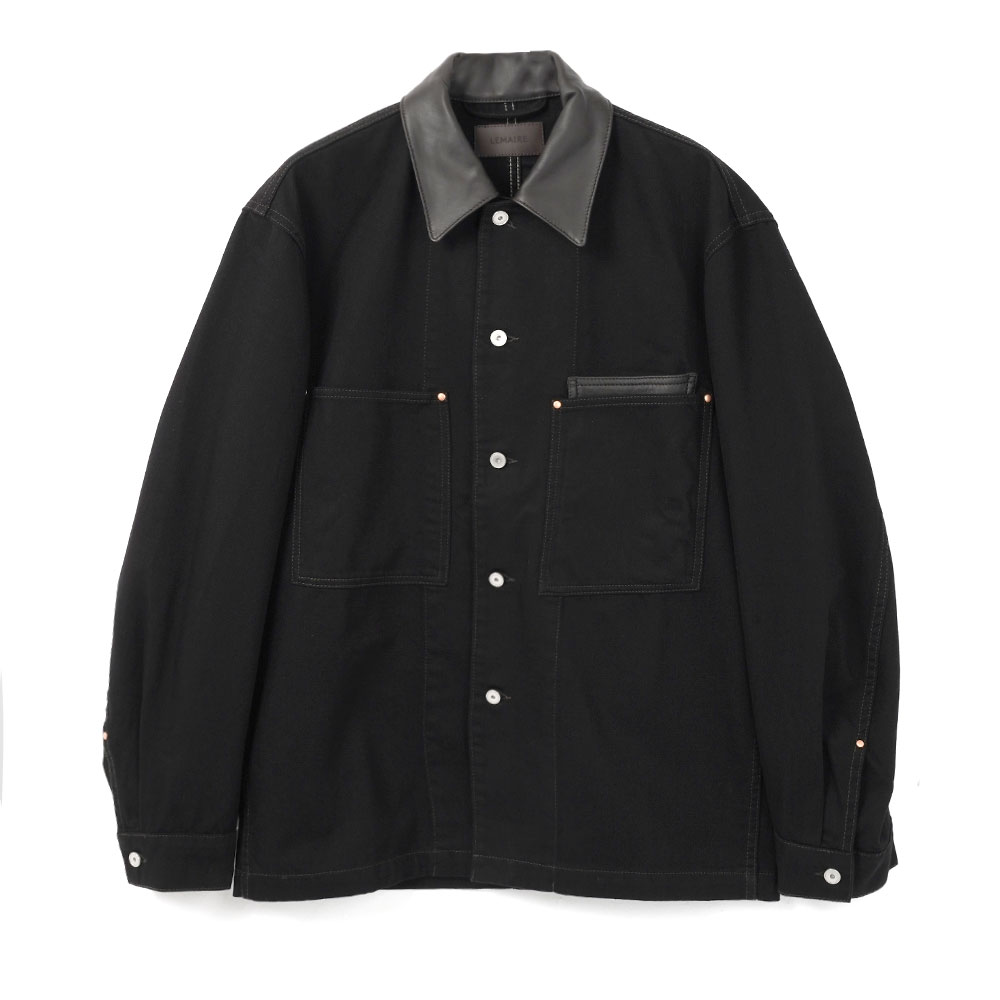 WORKWEAR OVERSHIRT WITH LEATHER COLLAR  BLACK DENIM