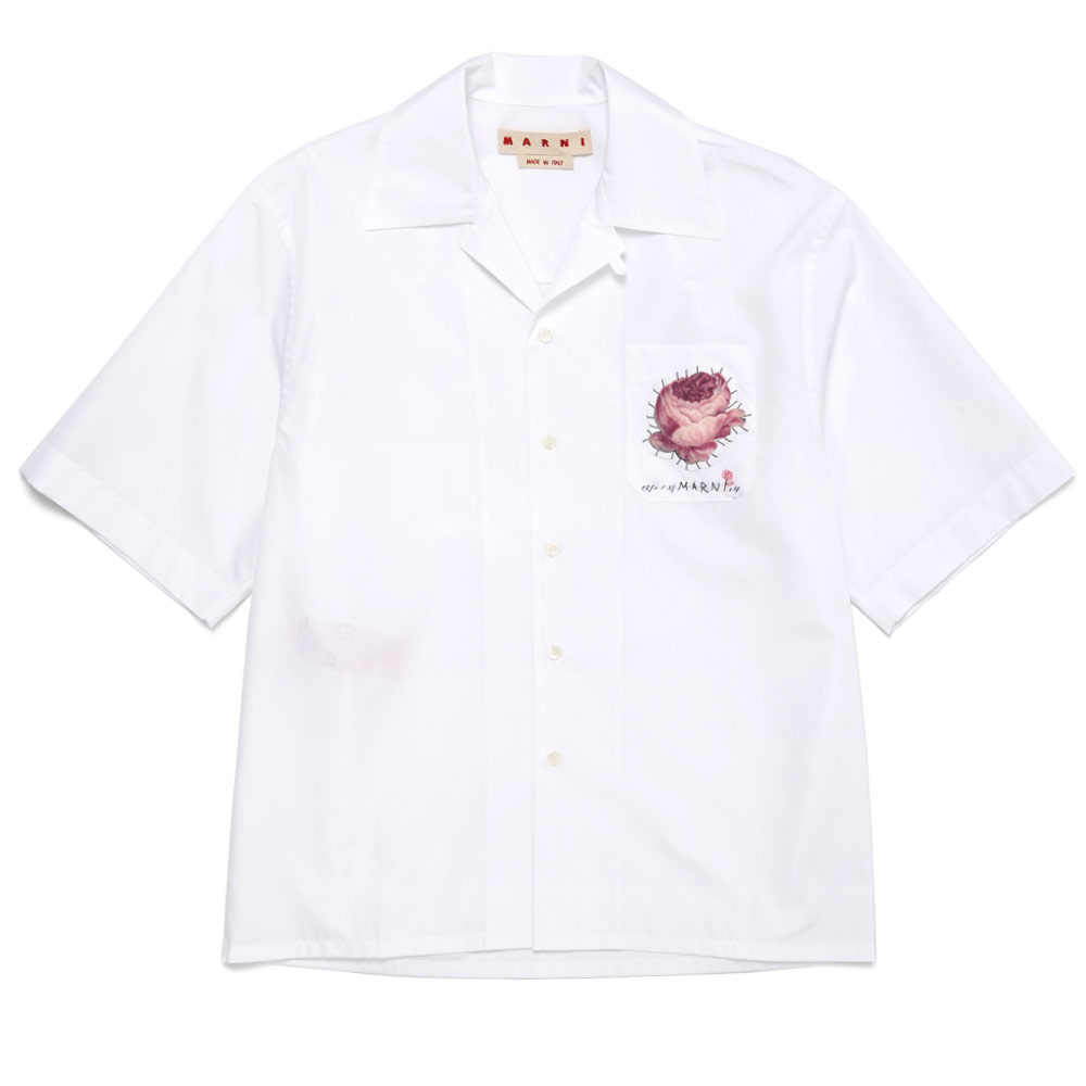 WHITE ORGANIC POPLIN BOWLING SHIRT WITH FLOWER PATCH WHITE