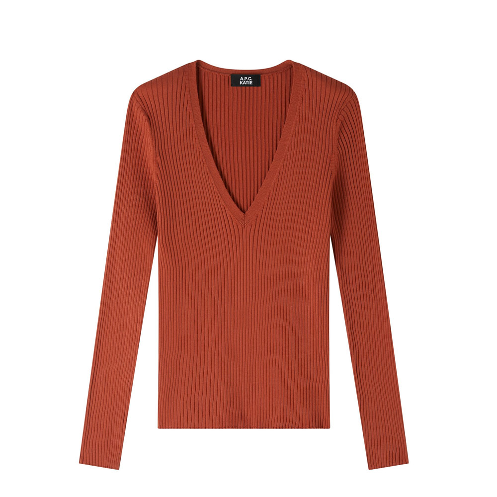 CAMILLE VNECK RIB SWEATER TERRACOTTA A.P.C×KATIE HOLMES