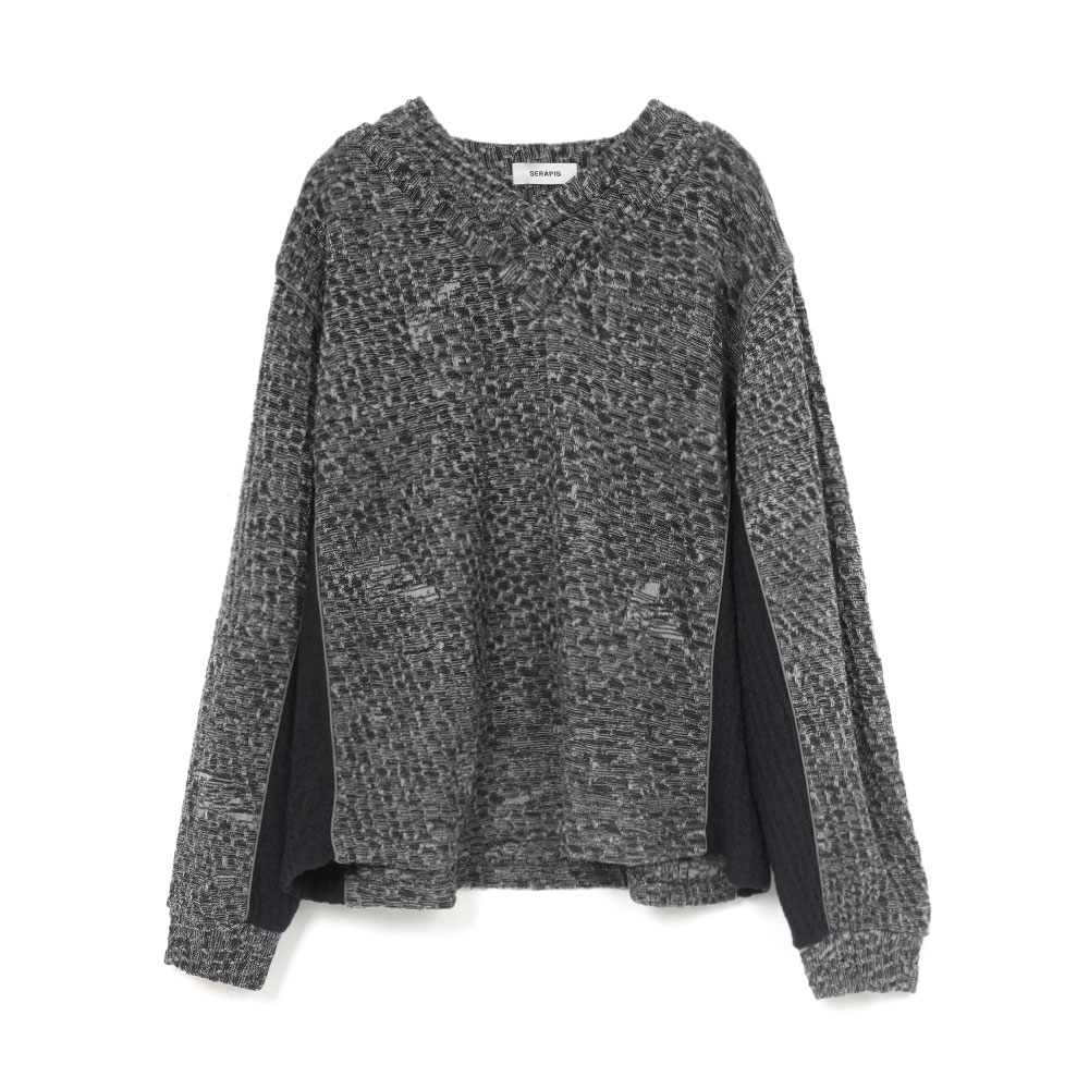 DOUBLE V-NECK LONG SLEEVE KNIT TOP GREY