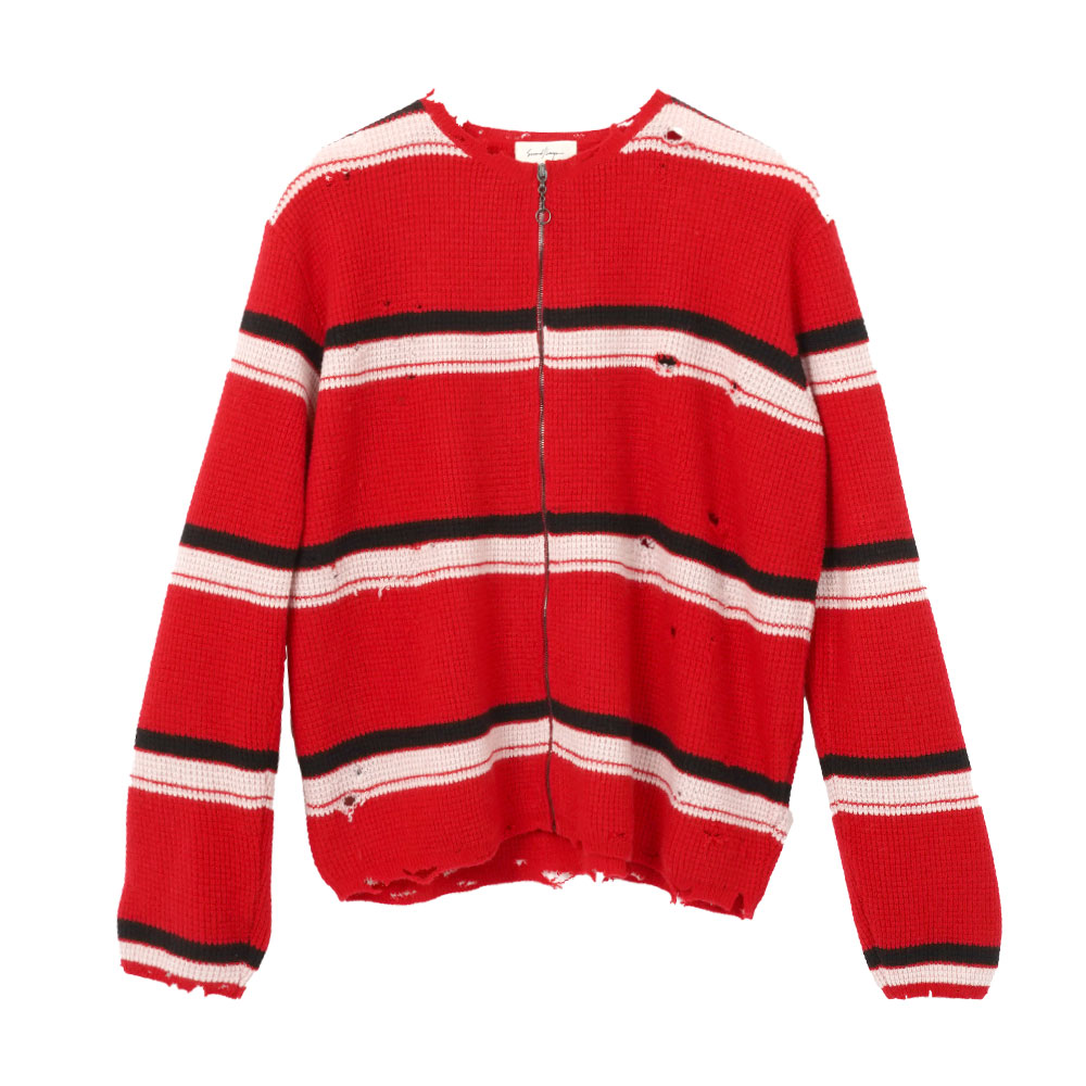 FRIENDS ZIP WAFFLE KNIT SWEATER RED STRIPE