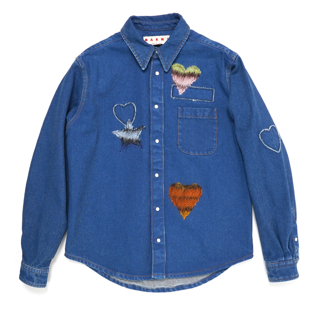 BLUE COATED DENIM SHIRT WITH MOHAIR PATCHES OCEAN