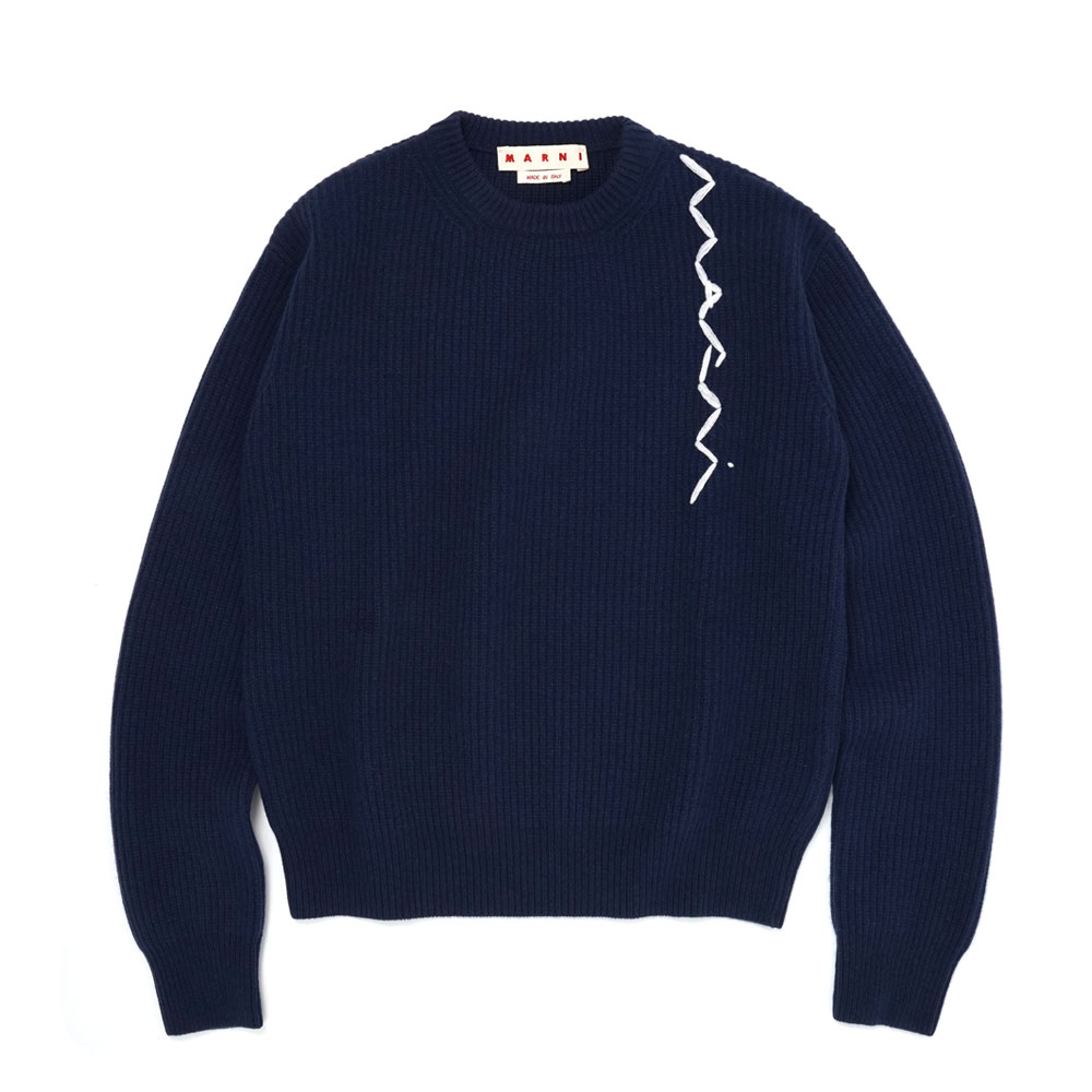 NAVY WOOL CASHMERE SWEATER WITH EMBROIDERED LOGO LIGHT NAVY