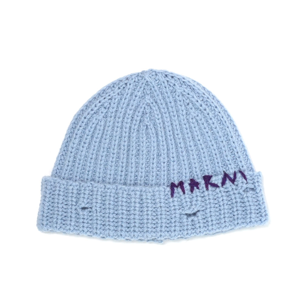 BLUE SHETLAND WOOL BEANIE WITH MARNI MENDING SMOKE BLUE