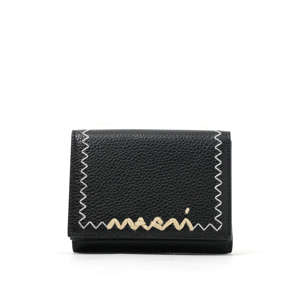 BLACK LEATHER TRIFOLD WALLET WITH MARNI MENDING EMBROIDERY BLACK