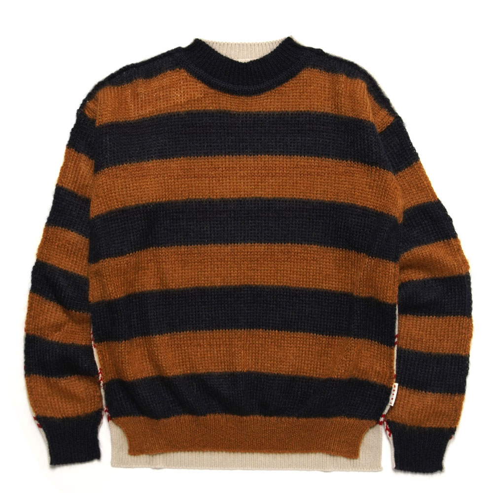 STRIPED WOOL & MOHAIR SWEATER with RAW EDGE BISCUIT/NAVY
