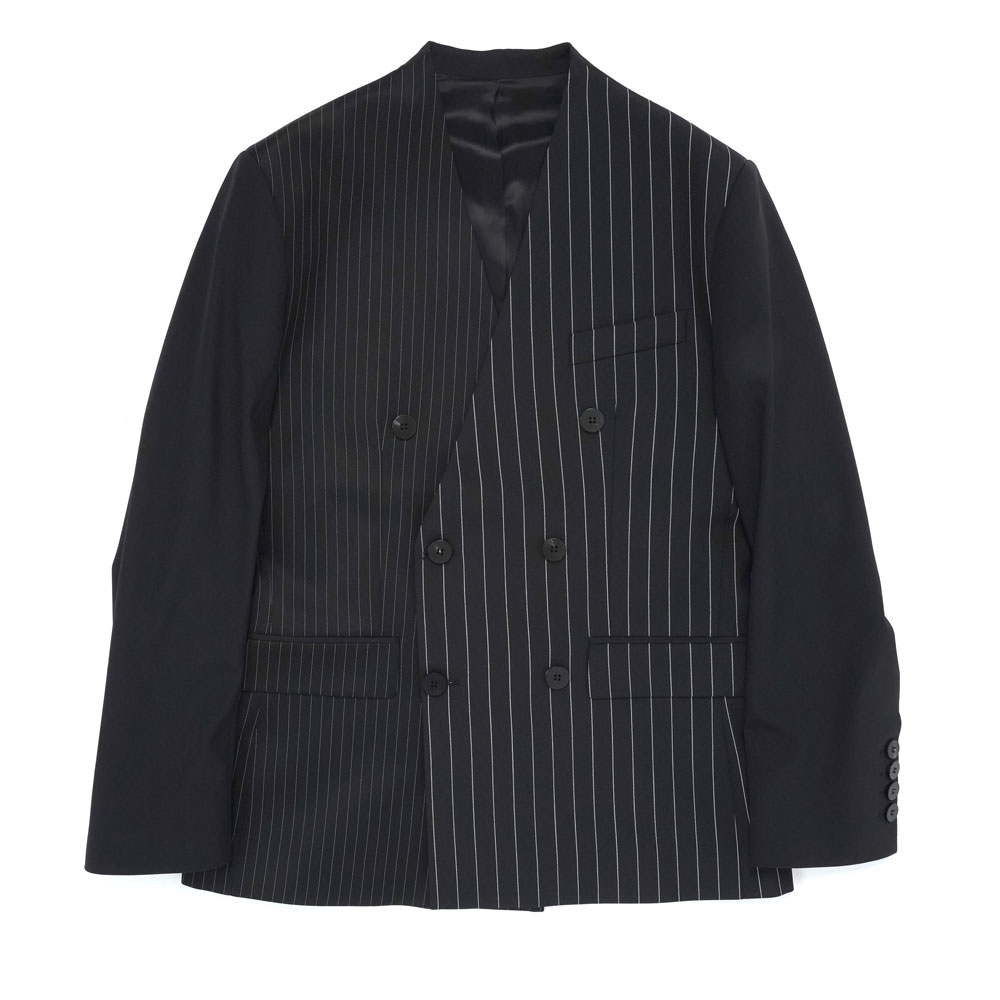 PATCHED PIN STRIPE LAPELESS BLAZER BLACK & WHITE PIN STRIPE