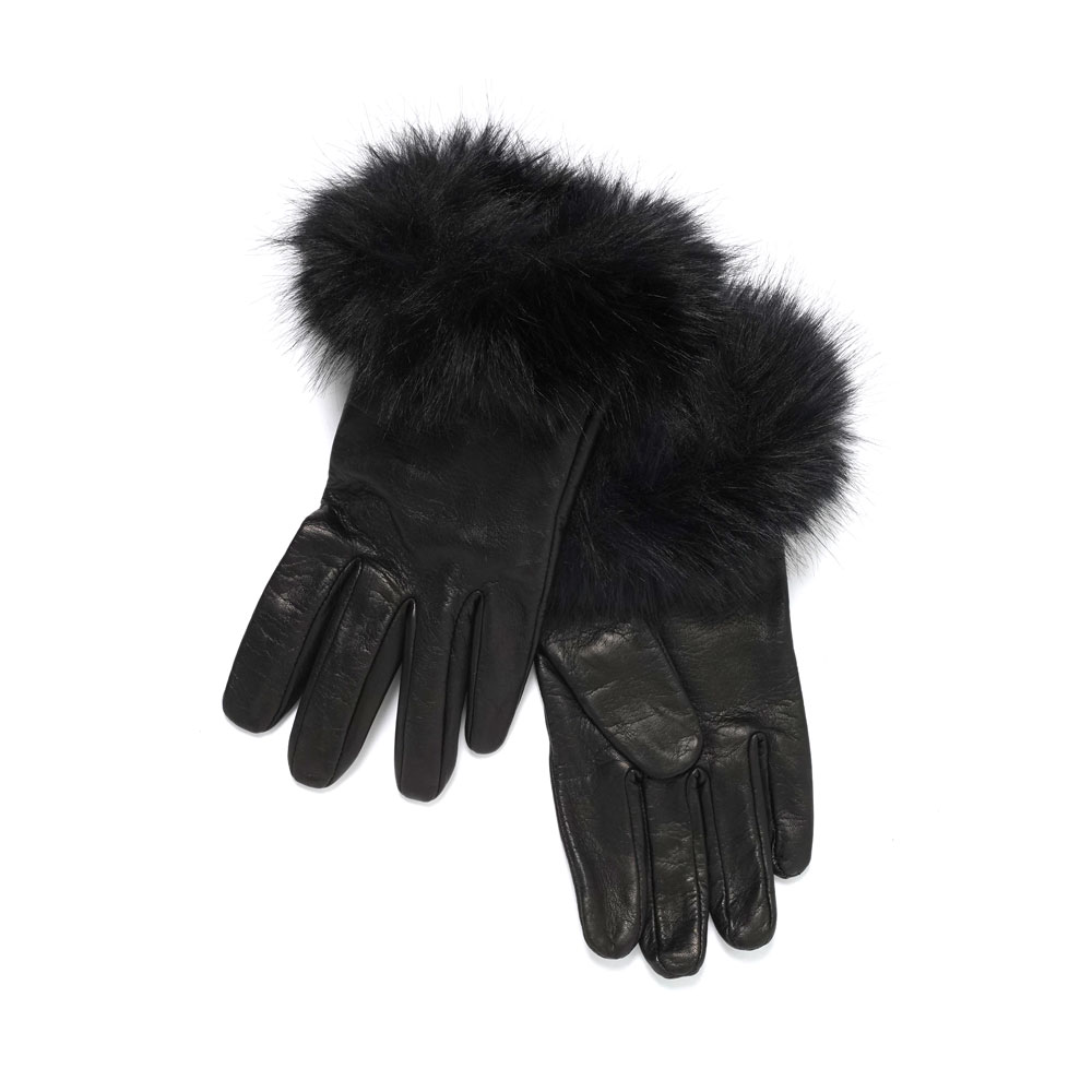 FAUX-FAR TRIMING LEATHER GLOVES BLACK