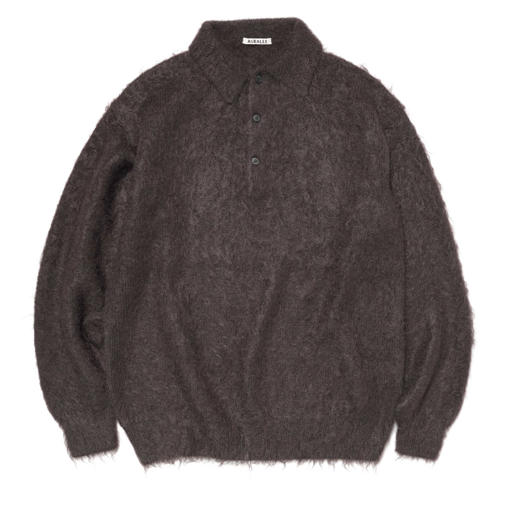 BRUSHED SUPER KID MOHAIR KNIT POLO DARK BROWN