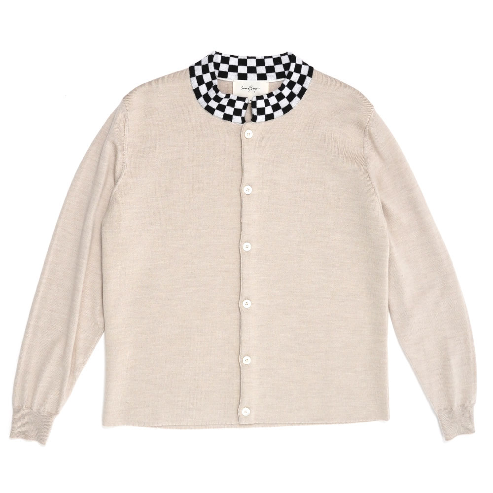 CHECHERED CREW COLLAR BUTTON UP KNIT