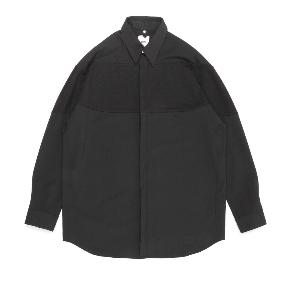 BLACK WOOL SHIRT WITH KNITTED INSERT