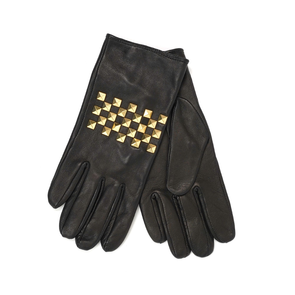 SILK LINED STUDDED LEATHER GLOVES BLACK W/ GOLD STUD